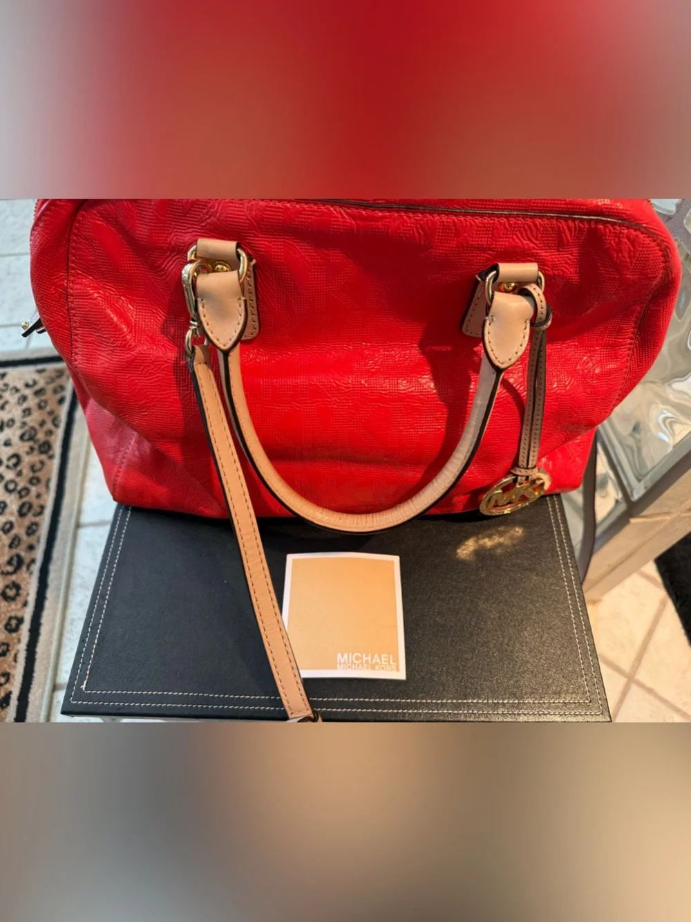 Michael Kors Reddish Orange Leather Crossbody Grayson Satchel. Tan Trim.